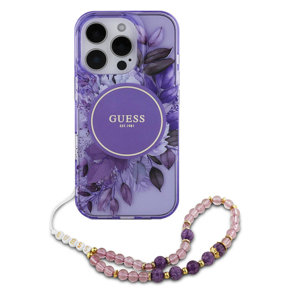 Guess iPhone 16 Pro Orjinal Lisanslı Magsafe Şarj Özellikli IML Baskılı Çiçek İnci Bileklikli Telefon Kılıfı - 1 Guess iPhone 16 Pro Orjinal Lisanslı Magsafe Şarj Özellikli IML Baskılı Çiçek İnci Bileklikli Telefon Kılıfı - 1
